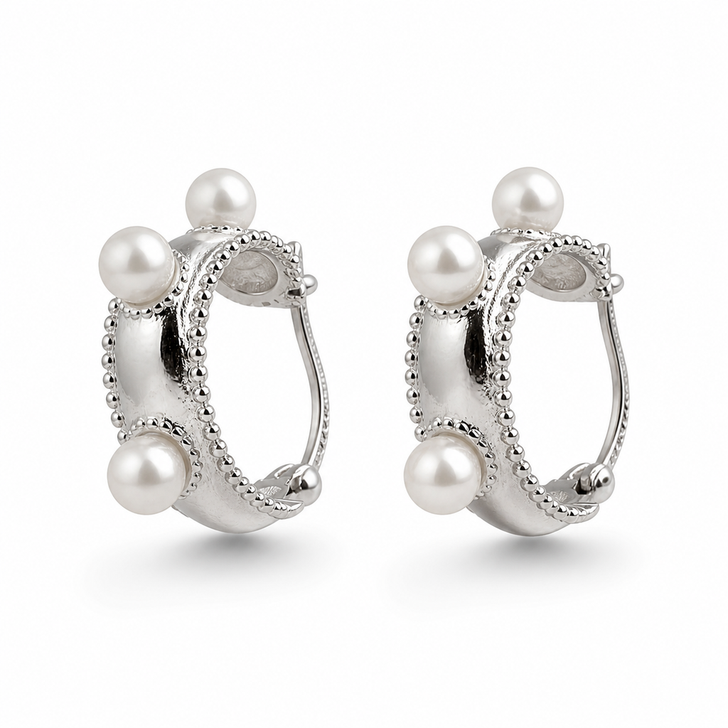 Vintage-Inspired Pearl Studded 92.5 Silver Hoops