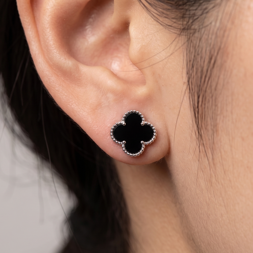 Classic Onyx-Style 92.5 Silver Alhambra Earrings