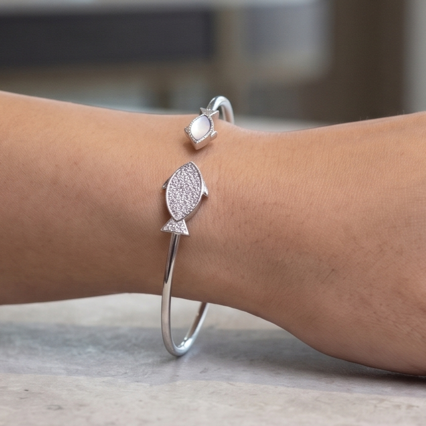 Open Cuff Fish Design 92.5 Silver Kada