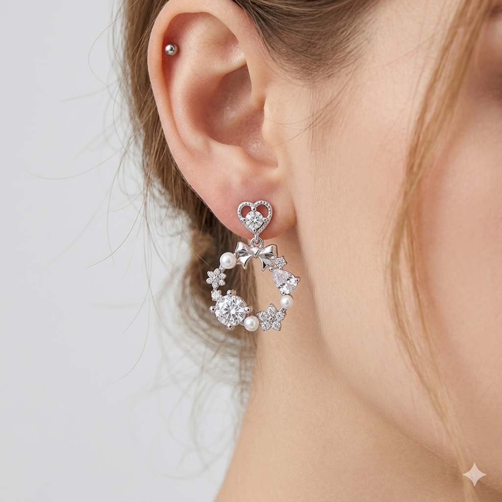 Romantic Heart & Bow Pearl 92.5 Silver Earrings