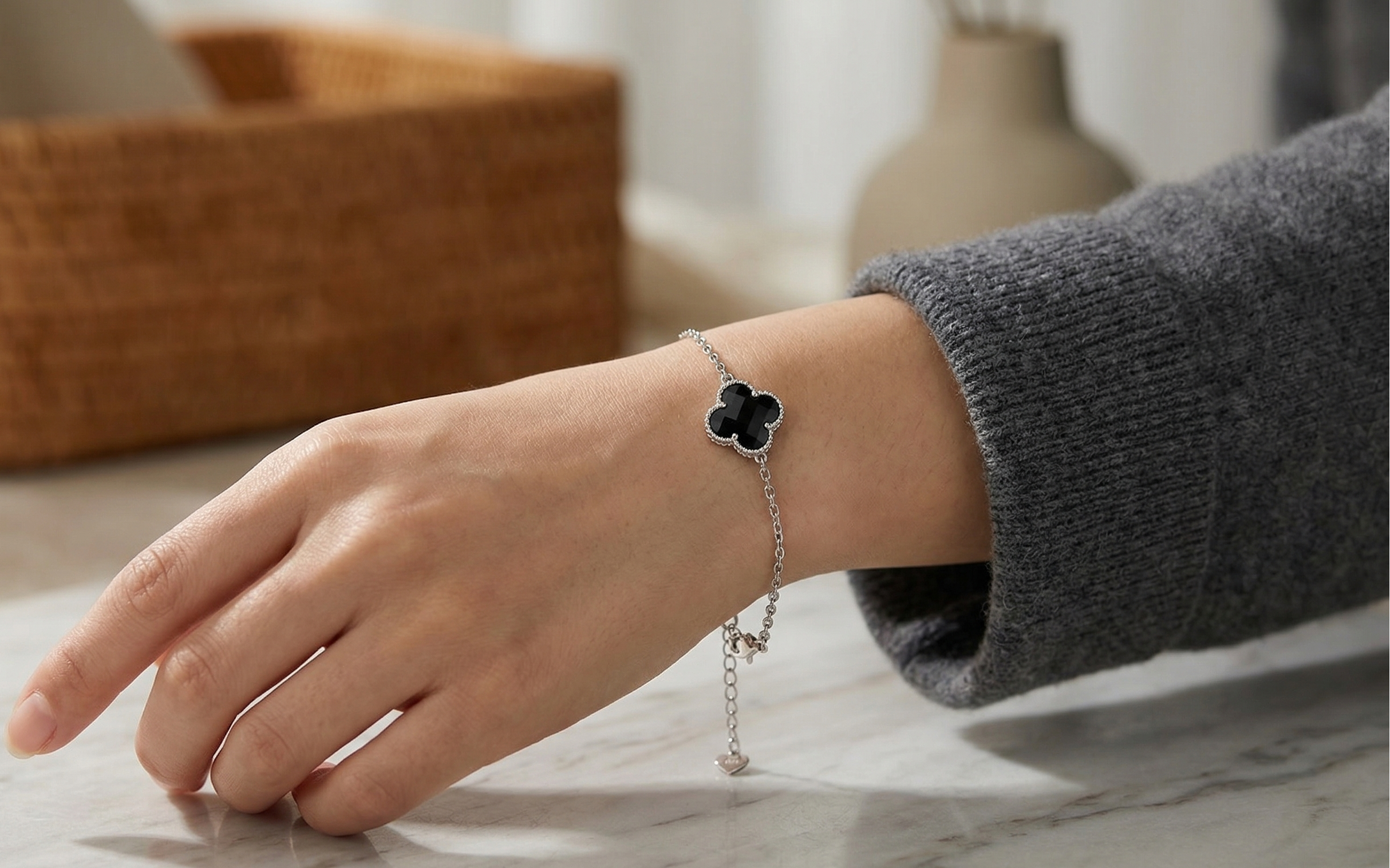 The Vega Silver Black Clover Bracelet