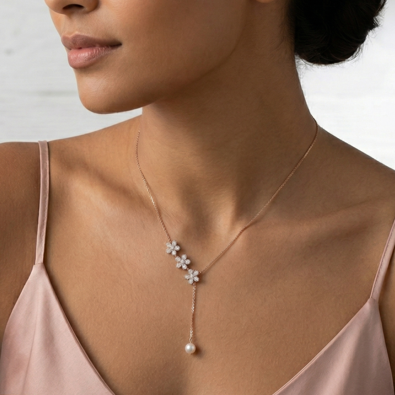 The Pavé Petal Pearl Drop Necklace