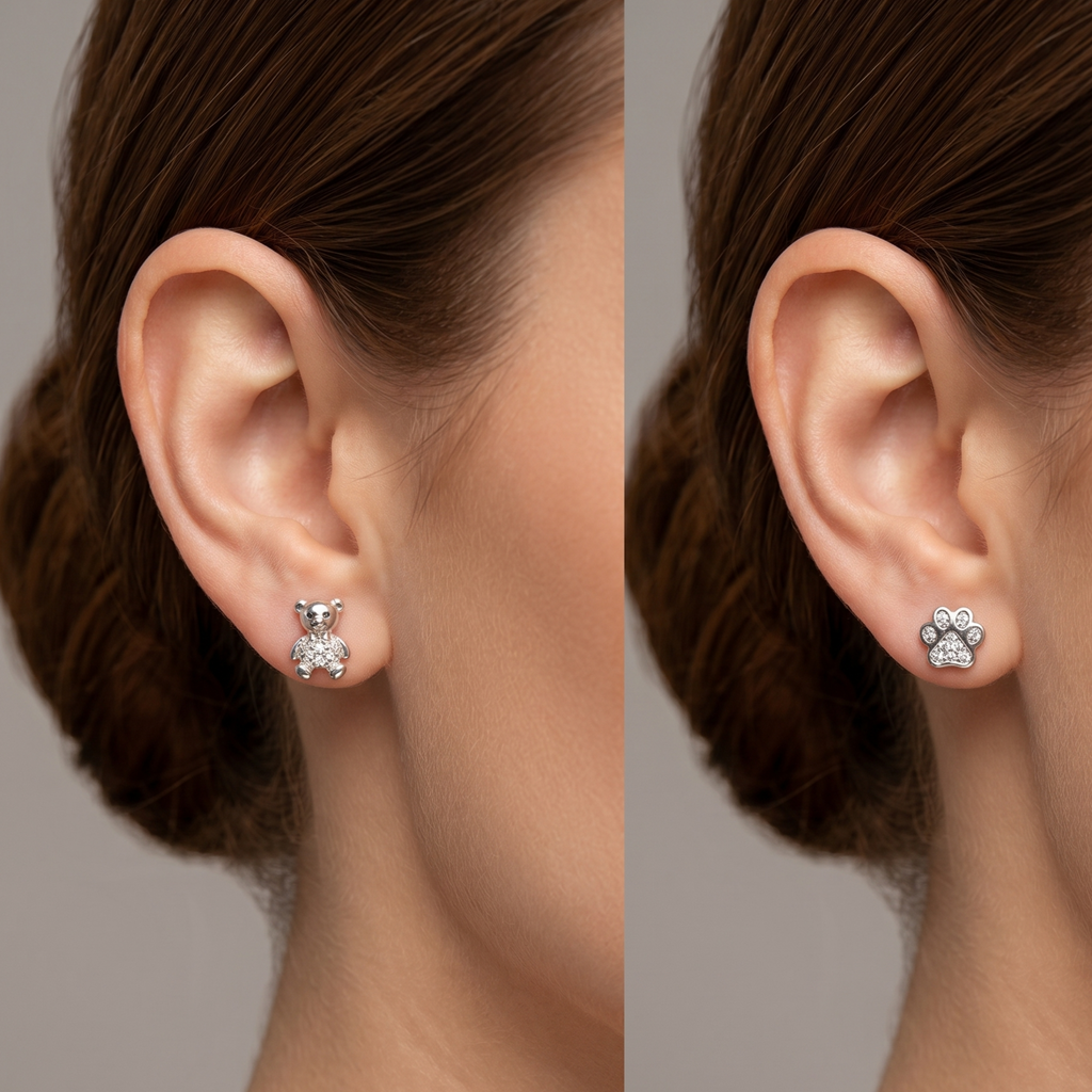 Petite Teddy and Paw Print 92.5 Silver Studs