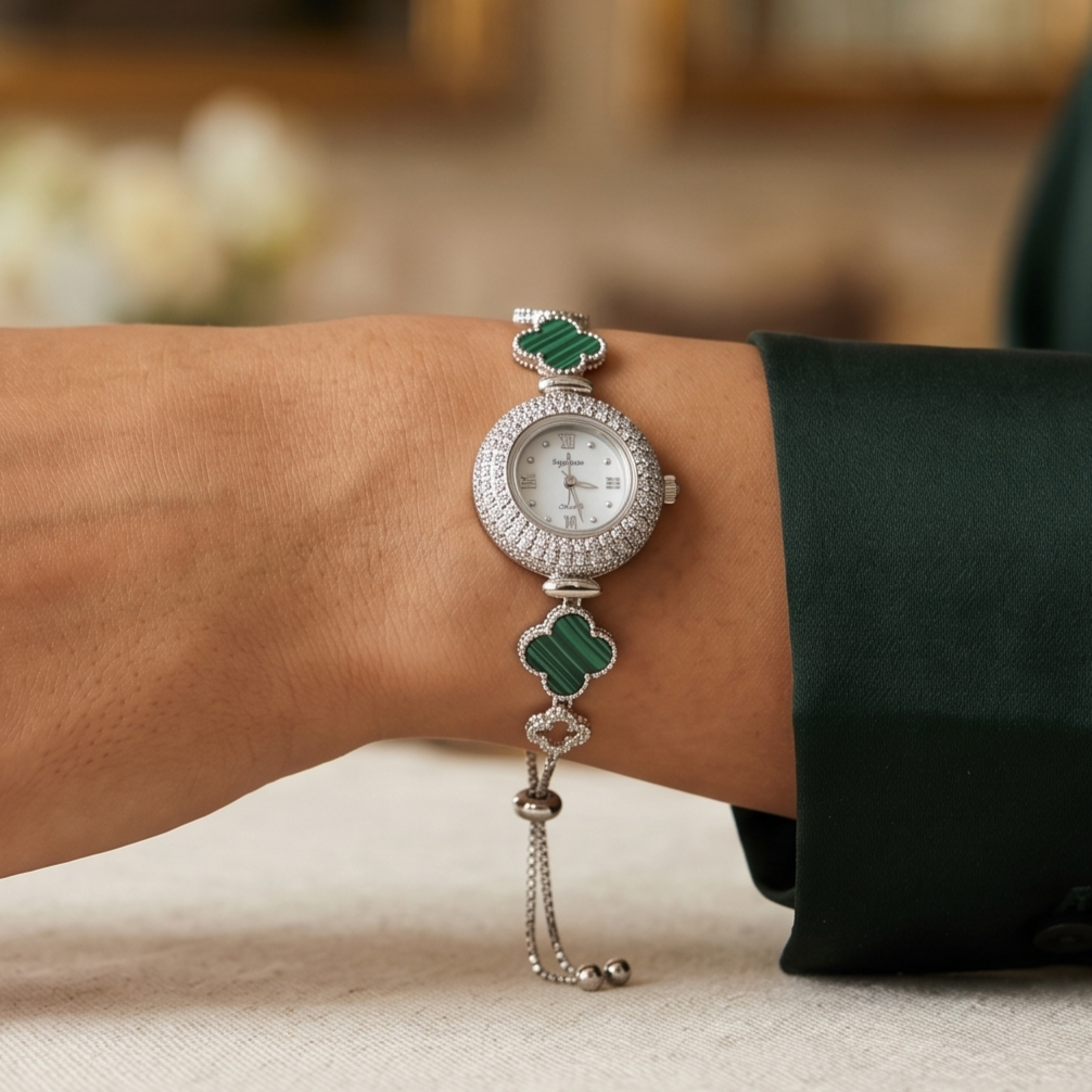 Vintage Malachite & Crystal Halo 92.5 Silver Watch
