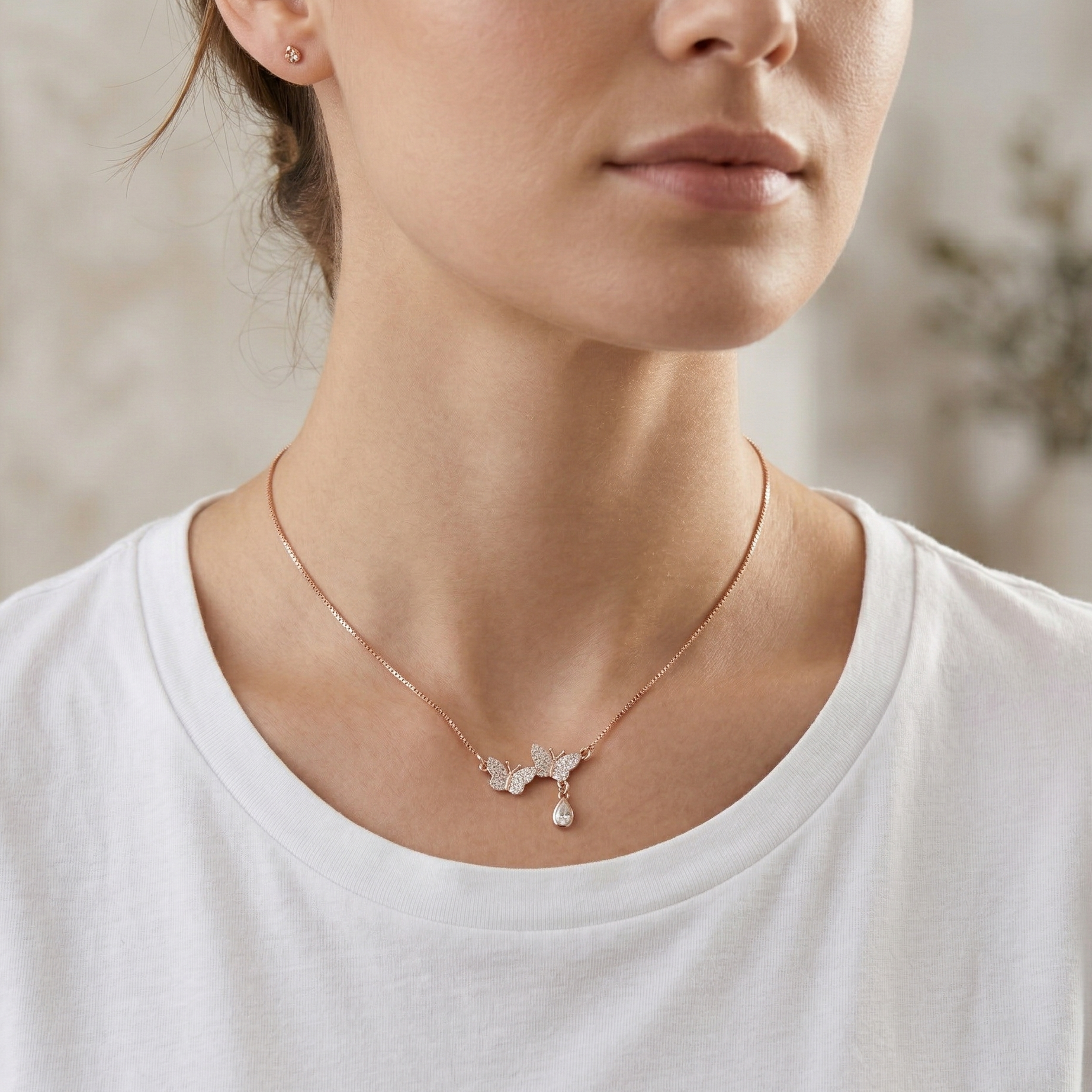 The Vega Rose Gold Twin Butterfly Necklace