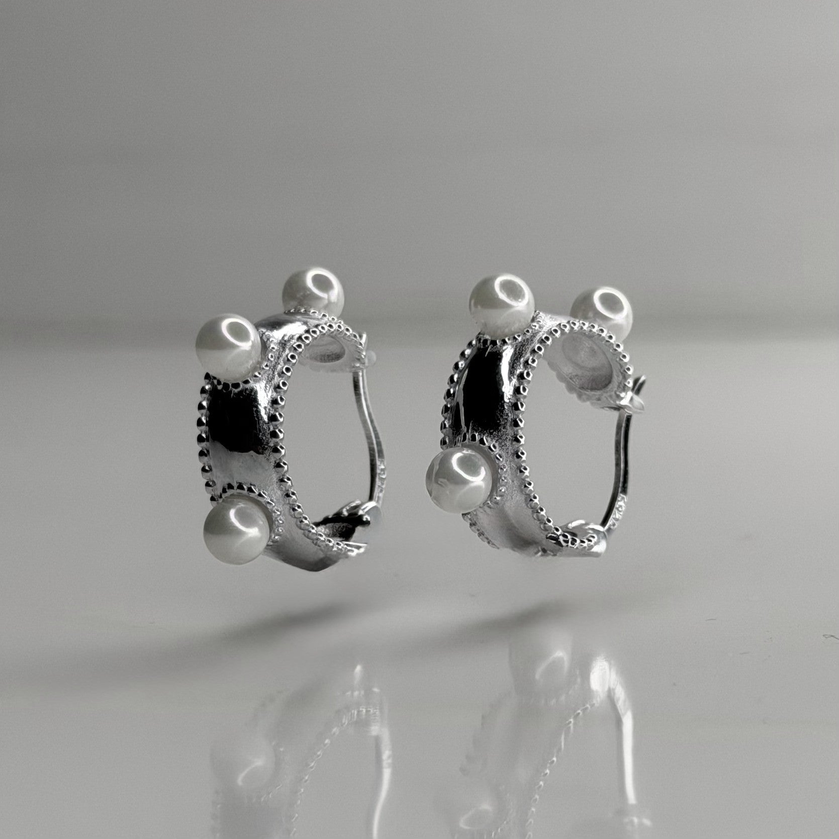 Vintage-Inspired Pearl Studded 92.5 Silver Hoops