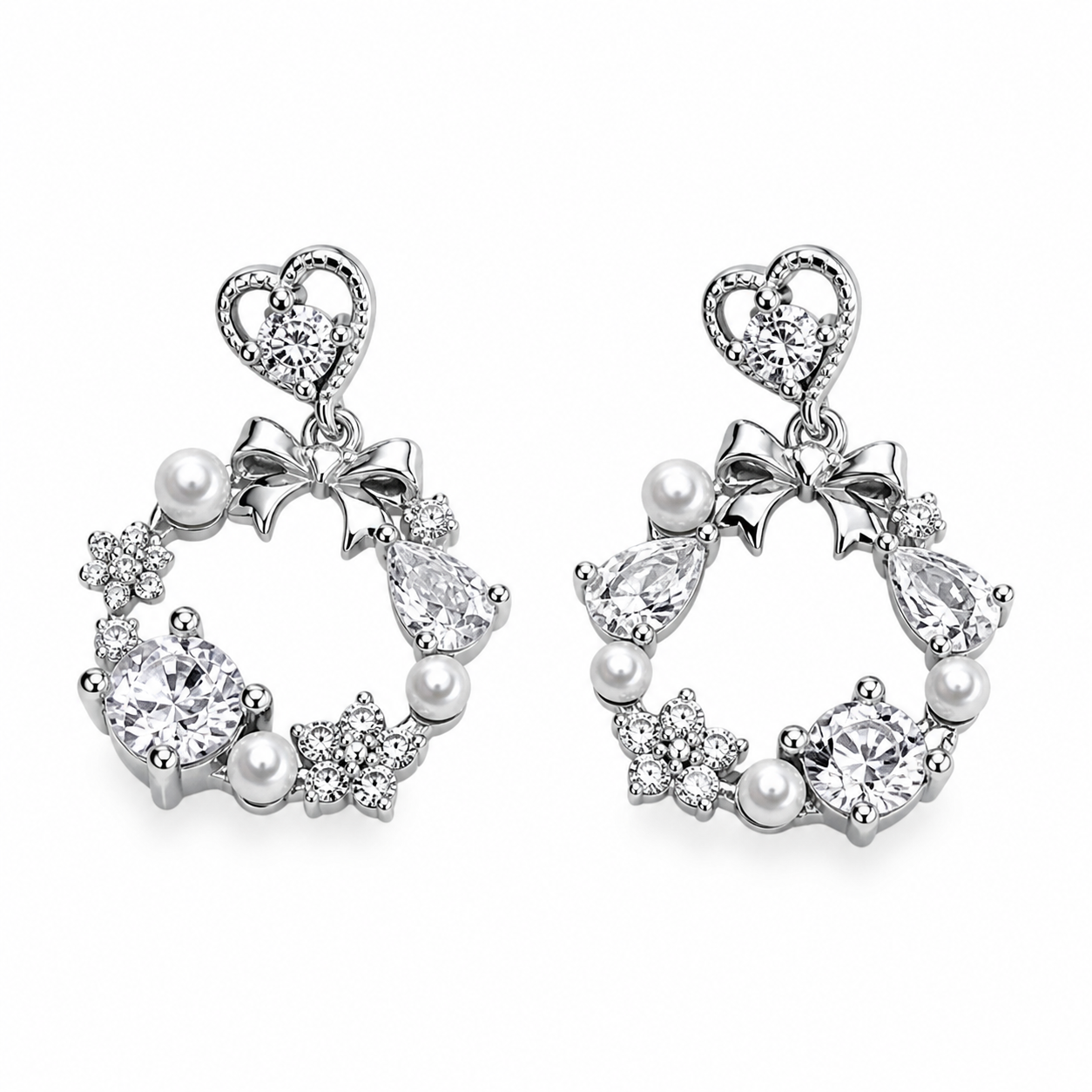 Romantic Heart & Bow Pearl 92.5 Silver Earrings