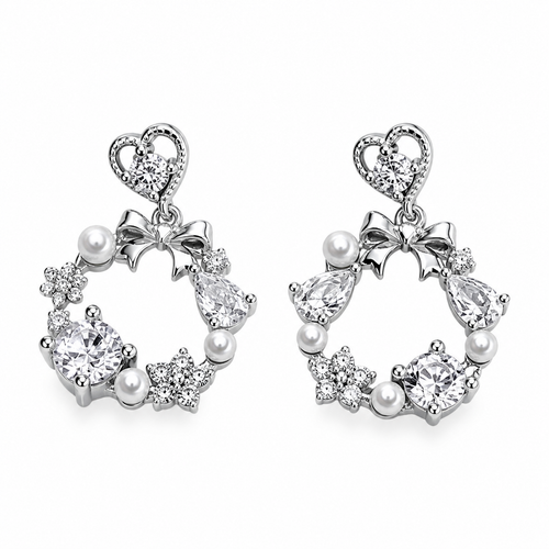 Romantic Heart & Bow Pearl 92.5 Silver Earrings